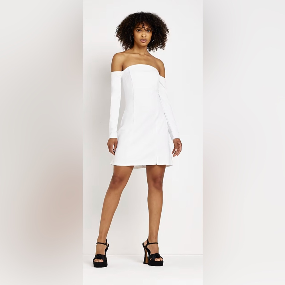 River Island White Off the Shoulder Long Sleeve Shift Minidress Size 12 …